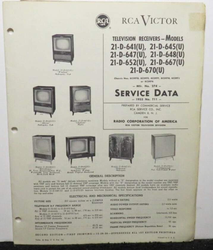 RCA VICTOR TELEVISION SERVICE DATA 1955 T11 21-D-641 -645 -647  KCS97D 36 PAGES - Image 1 of 1
