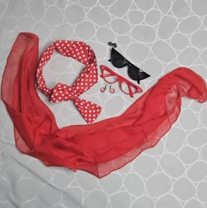 Retro 1950s Costume Accessories Halloween Polka Dot Headwrap Cat Eye Glasses Red - Picture 1 of 6