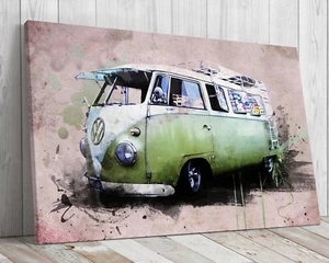 Volkswagen T1 retro campervan, mounted canvas ready to hang - Picture 1 of 9