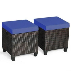 ANGELES HOME Outdoor Ottoman 18" w/ Navy Cushion PE Wicker Metal Brown (2-Pack) - Picture 1 of 4