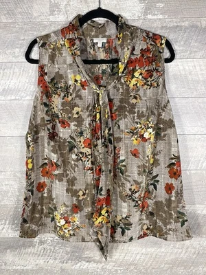 Autumn Floral Plaid Tie Neck Sleeveless Blouse Size 1X Bohemian Retro Lagenlook - Image 1 of 4