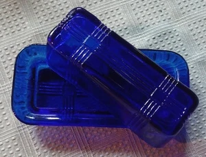 Cobalt Blue Glass Butter Dish Lid Hazel Atlas Criss Cross Pattern Depression VTG - Picture 1 of 11