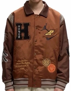 JORDAN X Honor The Gift Westbrook Varsity Jacket Mens Sz Medium Brown DX6244-204 - Picture 1 of 14