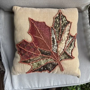 Pier 1 Imports Fall Red Pillow Sequins Beaded Leaf 14x14 Harvest PRETTY! - Picture 1 of 2