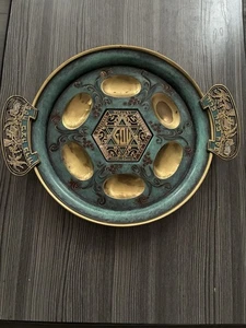 VINTAGE ENAMELED ORNATE BRASS JUDAICA PASSOVER CEDER PLATE TRAY MADE IN ISRAEL - Picture 1 of 6