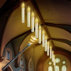 Floating Hanging Flickering Flameless LED Taper Candles with Magic Wand Remote - Picture 1 of 12