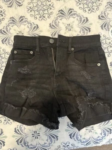 AEROPOSTALE Women’s Size 0 Mom Jean Shorts Black Distressed Denim Raw Hem Cuff - Picture 1 of 4