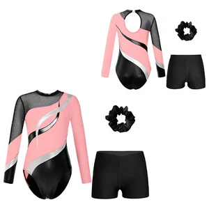 Kids Girls Leotard With Shorts Fitness Bodysuit Hair Band Set Shiny Rompers - Picture 1 of 46