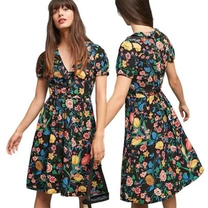 Vestido Anthropologie Maeve Bloedel Floral Mariposa Negro Floral Volantes Talla 8 - Imagen 1 de 9