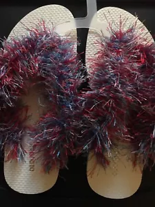 Old Navy Flip Flops Girls Crocheted Fuzzy White W/red, White, Blue Fun Fur S3/4 - Picture 1 of 1