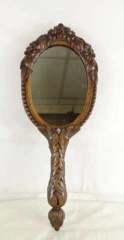 Antique French Oak Wood Hand Carved Hand Mirror Flowers - Black Forest Style Cover