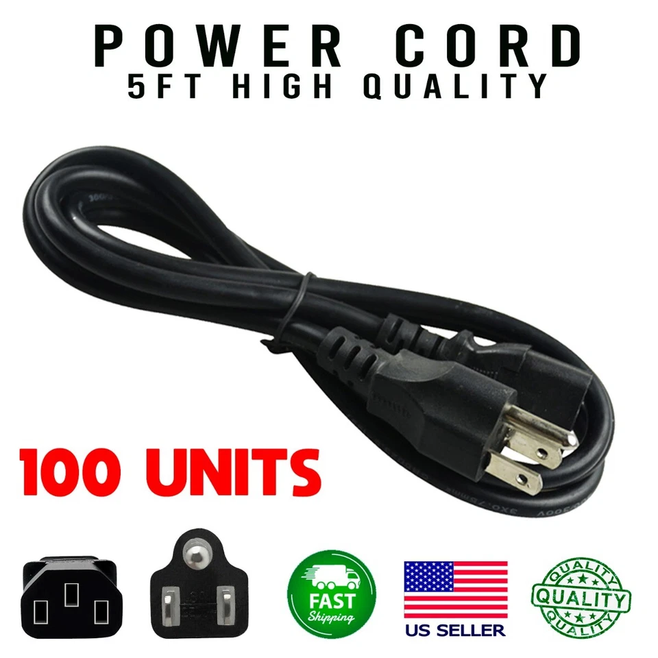100 Pack High Quality Power Cord For General Electronics 5ft 125V 10 AMP Black - Image 1 of 1
