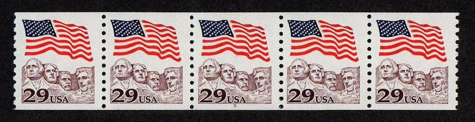 UNITED STATES, SCOTT # 2523, COIL STRIP OF 5 STAMPS PNC # 5, FLAG OVER RUSHMORE - Image 1 of 1