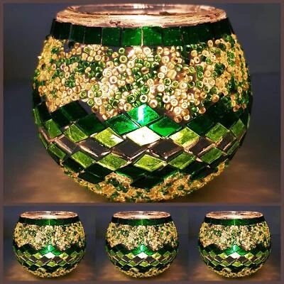 MOSAIC GLASS CANDLE Holders/ Glass and Brass Votive Candle Holder - Image 1 of 3