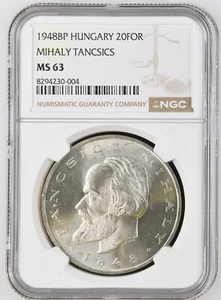 Hungary Silver 1948 20 Forint Mihaly Tancsics KM539 - NGC MS63 - Picture 1 of 2