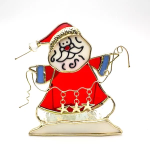 Christmas Stained Glass Santa Claus Tea Light Candle Holder Decor Gold Tone - Picture 1 of 12