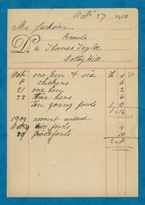 1910 INVOICE FOR POULTRY FROM MR JACKSON OF KNOWLE TO THOMAS TAYLOR, BOTLEY HILL - Picture 1 of 2