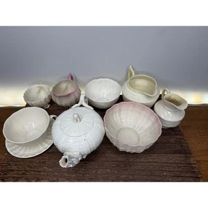 Set of 9 Bellek Irealand Nautical Sea Urchin Teapot Creamer Cups Saucers Pink - Picture 1 of 22