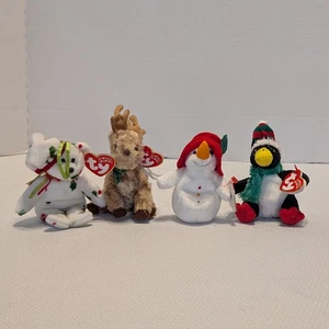 4 Stück TY Jingle Beanie Babys Weihnachtsschmuck Bär, Hirsch, Schneemann Pinguin - Bild 1 von 10