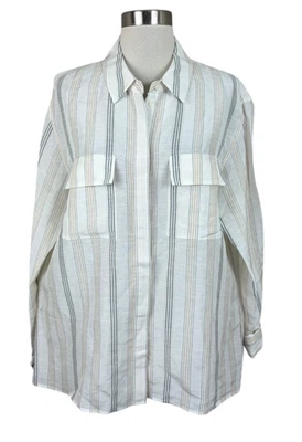 Lafayette 148 New York Neutral Stripe Linen Shirt Large Coastal Quiet Luxury - Image 1 of 4
