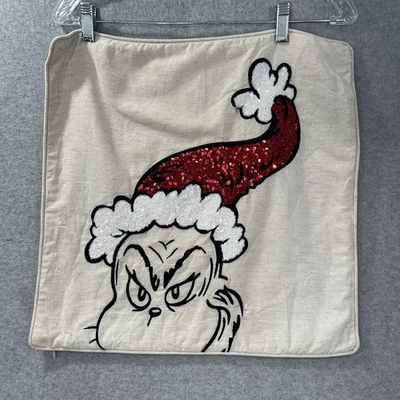 Pottery Barn Teen The Grinch Sequins Holiday Pillow Cover 18x18 Cotton Linen - Image 1 of 4