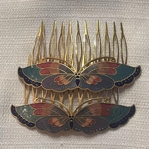 Par de 2 peines de pelo vintage de mariposa esmaltado Cloisonne latón azul rosa latón - Imagen 1 de 7