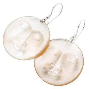 925 Silver Mother Of Pearl Sun Moon Face Hand Carving Sterling Earrings, 3/4" - Picture 1 of 2
