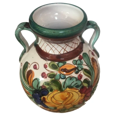 Vintage Blumentopf Mit Henkel Griffe Emailliert Blüten Weiss Grün antik retro - Bild 1 von 3