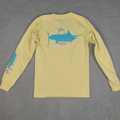 Guy Harvey T-Shirt Mens Small Yellow Long Sleeve Blue Water Marlin Casual Pocket - Image 1 of 4