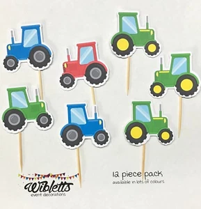 FARM TRACTOR THEME BIRTHDAY PARTY CUPCAKE TOPPERS. RED BLUE GREEN 'JOHN DEERE' - Picture 1 of 12