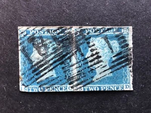 GB QV 1841 2d blau Paar S-C, S-D 3 Ränder gut gebraucht Sg 14 UK kostenloser Versand - Bild 1 von 2