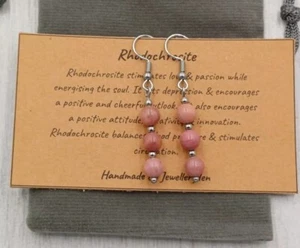 Handmade Rhodochrosite Crystal Healing Gemstone Chakra 6mm Bead Hook Earrings - Picture 1 of 4