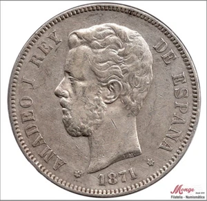 Spain Amadeo I 5 pesetas 1871 (*18*75) DEM Ag. / 25 gr. silver MBC / VF - Picture 1 of 2