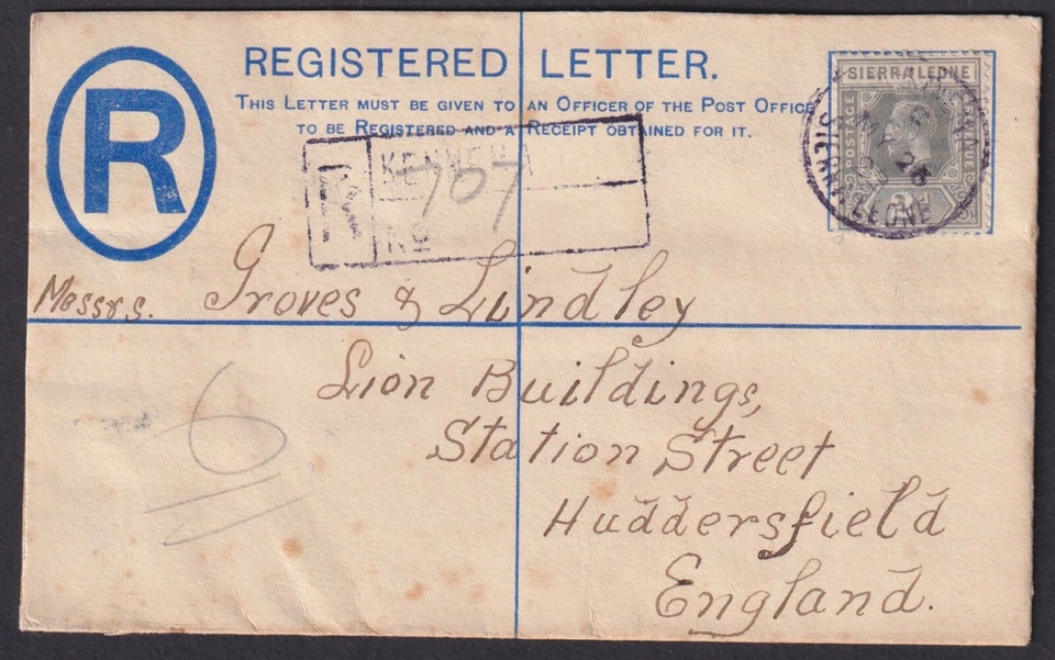 SIERRA LEONA: (20841) púrpura KENNEMA matasellos/cancelación/cubierta/PSRE 1923 Foto 1 de 2