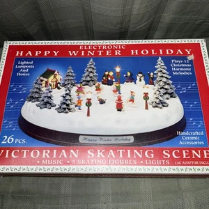 Vtg Electronic Happy Winter Holiday Victorian Skating Scene 26 Pcs Lights Sound - Picture 1 of 8