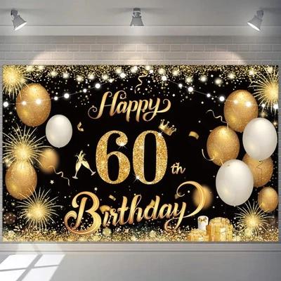 YONTREE Happy 60th Birthday Banner Gold 1.1 x 1.8m Backdrop for WomenMen Black Gold