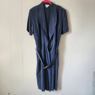 Vintage Academia 80s 90s Nancy Crystal Blue 100% Silk Wrap Dress 14 - Image 1 of 4