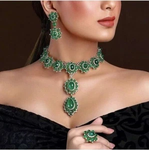 Cabochon Syn Emerald Necklace Set 925 Sterling Silver Wedding Wear Luxe Jewelry - Picture 1 of 8