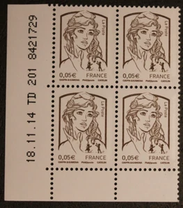 Bloc 4 timbres - Coin daté - Marianne de CIAPPA 0,05€ - Neuf ** - YT4764 - 2013 - Foto 1 di 1