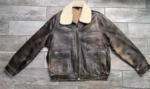 VTG Men Shearling Lambskin Leather Flight Bomber Jacket Distressed SzXL - Picture 1 of 10