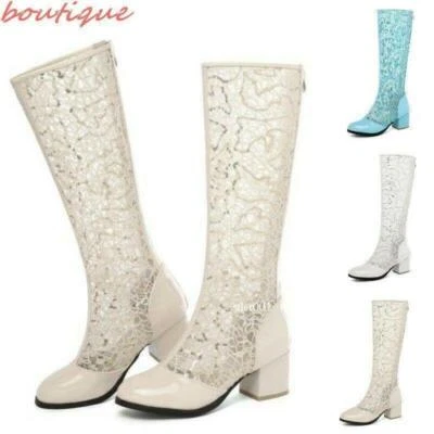 Moda Mujeres Malla Cremallera Sandalias Botas Hasta la Rodilla Tacón Bloque Punk Informal Zapatos Foto 1 de 4