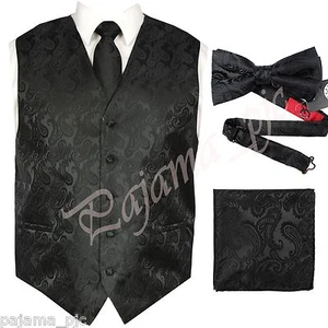 Black XS -6XL Paisley Tuxedo Dress Vest Waistcoat & Neck tie & Bowtie And Hanky - Picture 1 of 7