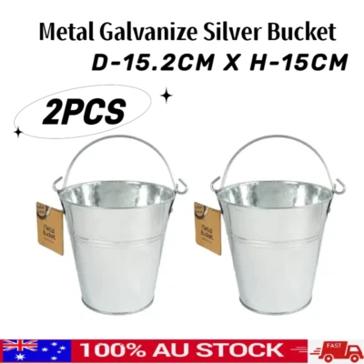 2x 15CM Metal Galvanize Silver Bucket w Handle Tin Pot Party Event Cleaning Pail - image 1 of 2