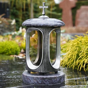 Grab-Lampe Orion Granit Friedhof-Leuchte Grab-Licht Grab-Schmuck Grau mit Kreuz - Bild 1 von 4