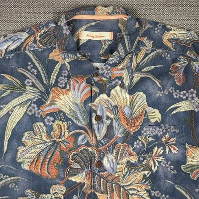 Tommy Bahama Men's Shirt Hawaiian 2XB Short Sleeve Gray Orange Floral Flowers - Image 1 of 4