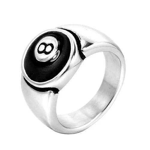 Anello uomo 8 palline rocker otto palline acciaio inox massiccio nero biliardo sfera - Immagine 1 di 1