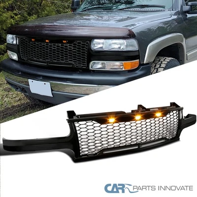 Fit 1999-2002 Chevy Silverado 1500 00-06 Tahoe Glossy Blk Mesh Grille LED Lights - Image 1 of 4