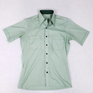 Vintage 70s Green Button Front Shirt Rockabilly Mod Graphic Back Size 14.5 - Picture 1 of 10