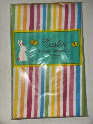 New EASTER Vinyl Tablecloth 60” Round EASTER STRIPES - Image 1 of 3