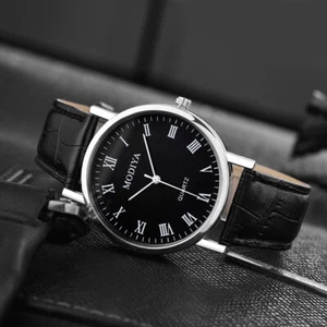 Classic Men Women Leather Strap Roman Numeral Quartz Analog Wristwatch - Picture 1 of 4